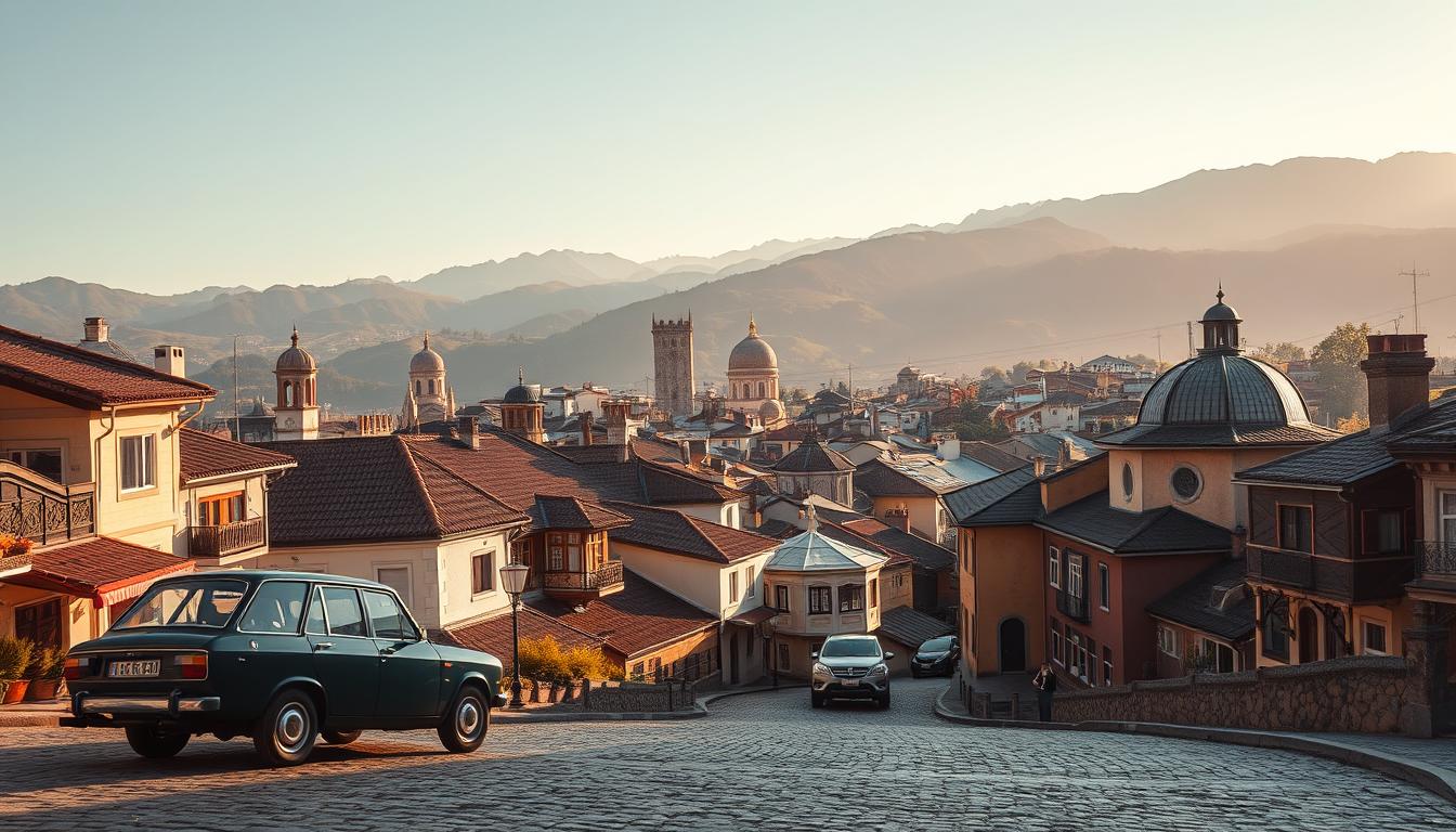 A picturesque scene of Tbilisi's Old Town, with its charming, centuries-old architecture nestled against a backdrop of rolling hills. In the foreground, cobblestone streets wind through the historic district, lined with colorful, traditional houses and cafes. A jumanjisa sedan, a popular local car brand, sits parked by the curb, adding a touch of authenticity. The middle ground showcases the iconic domed roofs and ornate balconies of the area, bathed in warm, golden sunlight. In the distance, the silhouettes of the Caucasus Mountains rise majestically, creating a stunning contrast against the vibrant city below. The overall atmosphere evokes a sense of timeless elegance and cultural heritage, inviting the viewer to explore the timeless wonders of this European-Asian fusion destination.