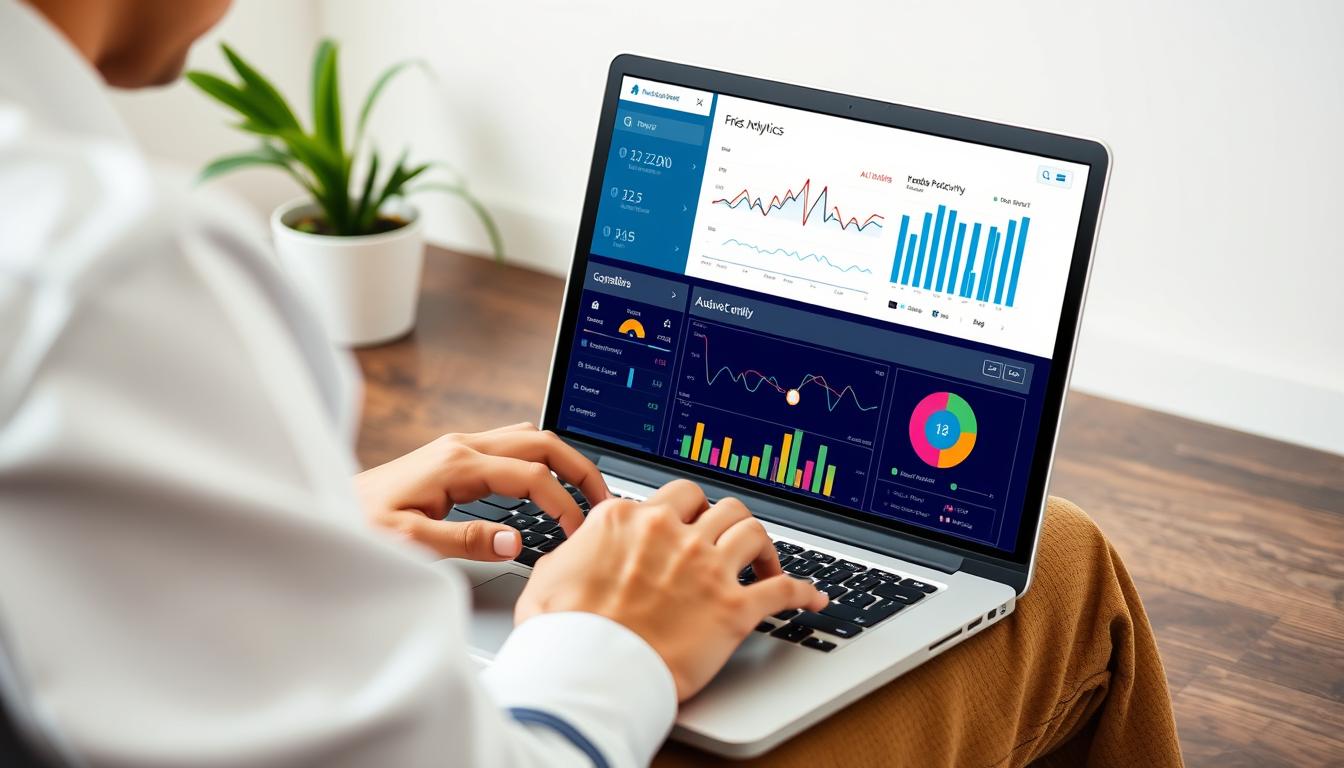 Generate an image of a person working on a laptop with AI-powered productivity analytics on the screen.