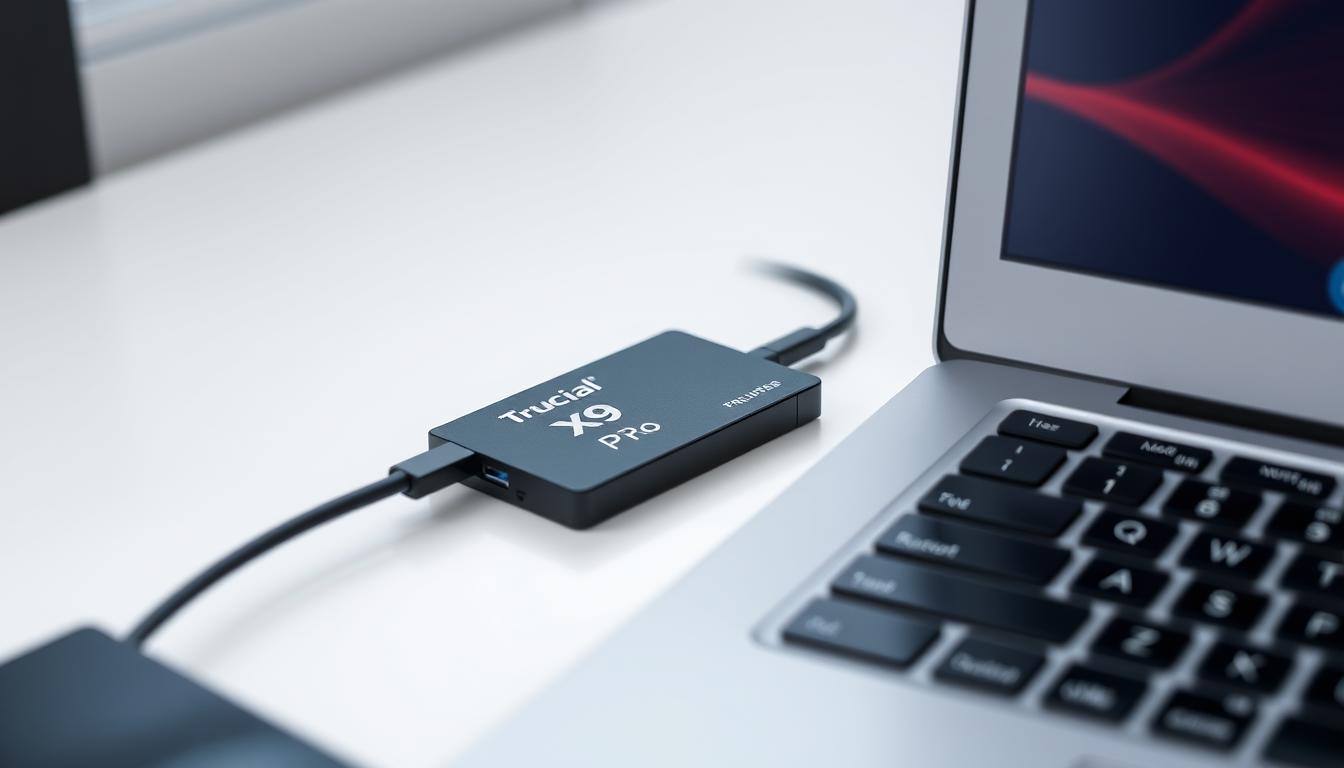 Generate an image of the Crucial X9 Pro SSD connected to a laptop, highlighting its compact design and high-speed data transfer capabilities.