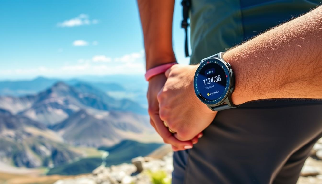 Generate an image of the Amazfit T-Rex Pro smartwatch on a hiker's wrist during a mountain ascent.