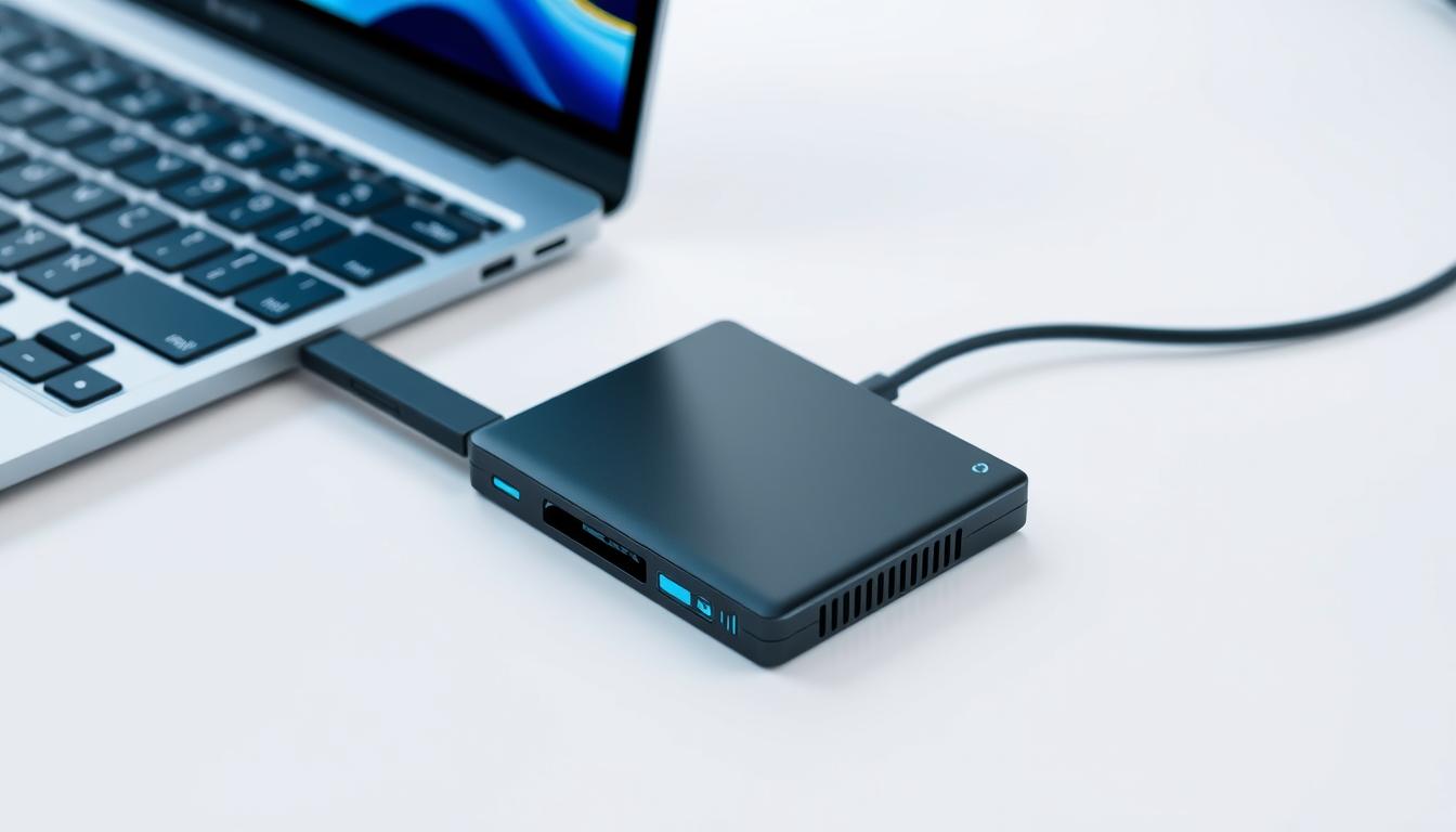 A high-speed external SSD connected to a laptop