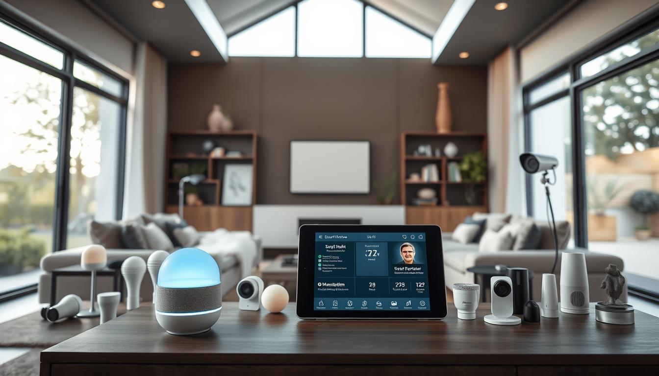 A sleek, modern living room showcases an array of smart home devices. In the foreground, a voice-activated digital assistant sits atop a minimalist side table, its LED indicator softly glowing. Surrounding it, a collection of smart light bulbs, thermostats, and security cameras are strategically placed, creating a harmonious technological ecosystem. The middle ground features a seamless smart home control panel, its touchscreen interface displaying various settings and notifications. In the background, large windows allow natural light to stream in, illuminating the room and highlighting the sophisticated, integrated nature of the smart home technology. The overall scene conveys a sense of efficiency, convenience, and the challenges of maintaining a cohesive smart home system.