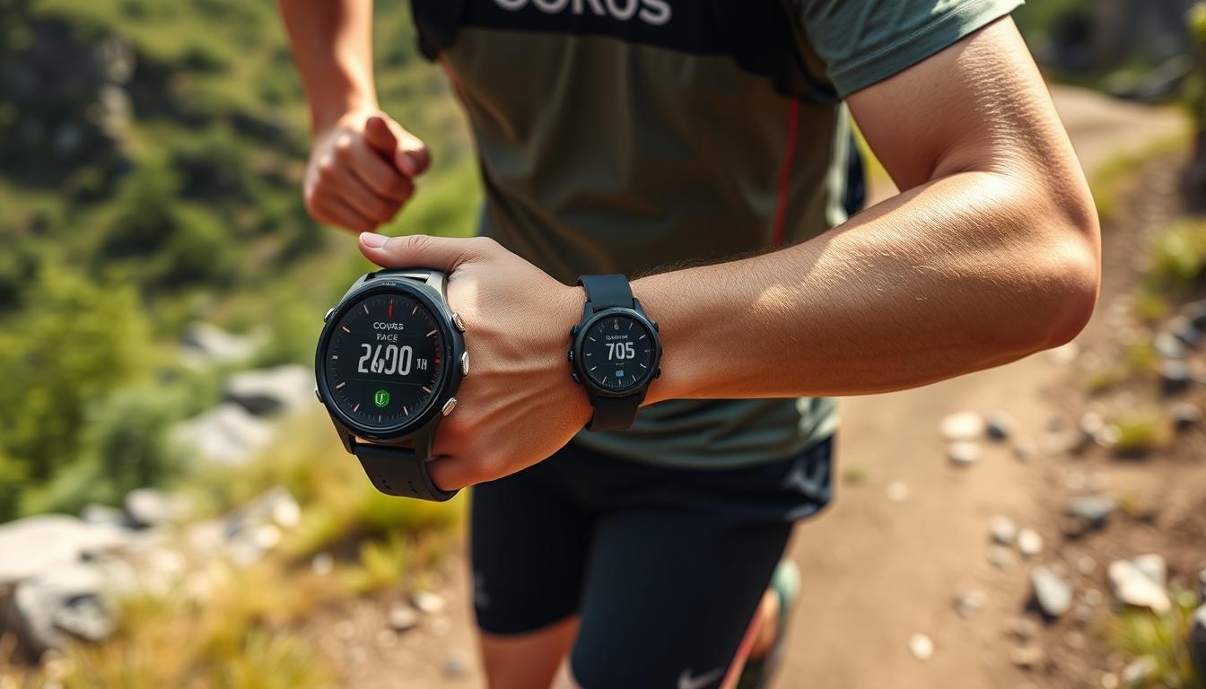 Generate an image of the Coros Pace3 smartwatch on a runner's wrist during a trail run.