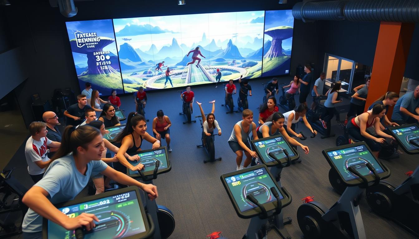 A bustling fitness center, filled with people engaged in various gamified workout routines. In the foreground, a group of individuals competing on interactive exercise bikes, their faces alight with determination as they race against each other, their progress tracked on a massive leaderboard display. In the middle ground, a group of friends playfully navigating a virtual obstacle course, their movements mirrored by their on-screen avatars. In the background, a wall-sized screen projecting a dynamic, ever-changing fitness landscape, with power-ups, challenges, and rewards interspersed throughout, encouraging participants to push their limits. The lighting is bright and energizing, with a sense of excitement and camaraderie permeating the space. A high-angle shot captures the energy and interconnectedness of this gamified fitness revolution.