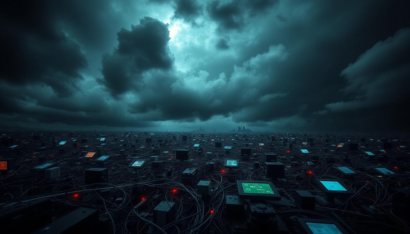 A sprawling, interconnected network of IoT devices, each a potential entry point for cyber threats. In the foreground, a tangle of wires, sensors, and screens symbolizing the complexity of the IoT landscape. Ominous dark clouds loom in the background, casting an unsettling shadow over the scene. The lighting is dramatic, with sharp contrasts and a sense of unease, hinting at the hidden vulnerabilities that exist within the connected world. The camera angle is low, emphasizing the imposing nature of the IoT infrastructure and the grave security implications it carries. An atmosphere of uncertainty and danger permeates the image, reflecting the growing IoT security risks in a fully connected world.