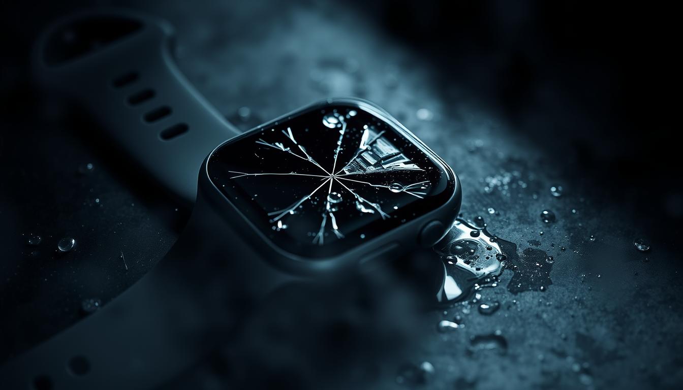 A smartwatch with visible water damage, its display cracked and distorted, water droplets glistening on the surface. The device lies on a dark, damp surface, surrounded by a hazy, moody atmosphere. Harsh, dramatic lighting casts deep shadows, emphasizing the wear and tear. The scene conveys a sense of neglect and the consequences of not properly protecting a smartwatch from water exposure. The image should serve as a cautionary tale, highlighting the importance of taking preventive measures to safeguard one's wearable technology.