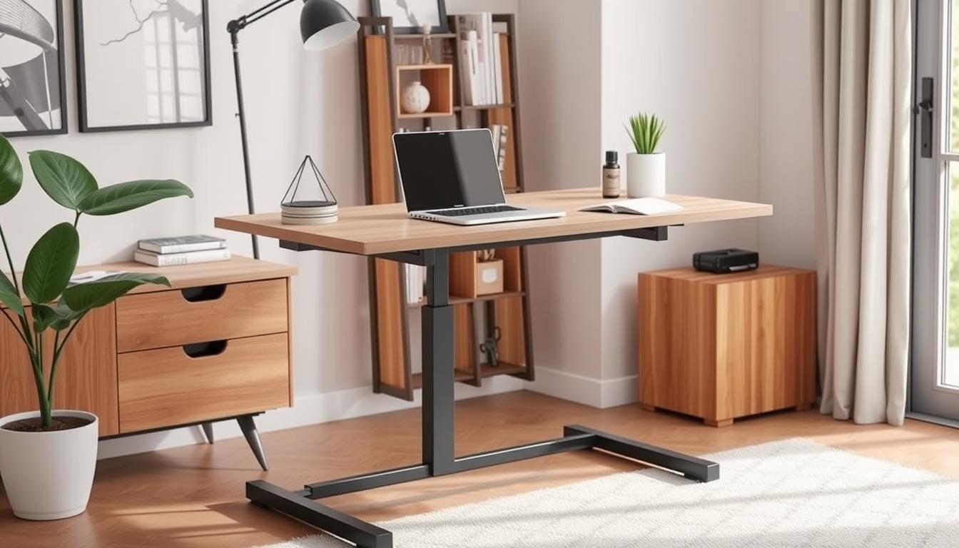 Image of a standing desk with adjustable height settings in a home office setting