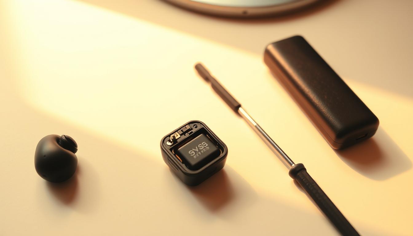 A close-up view of a pair of wireless earbuds on a clean, well-lit desk. The earbuds are disassembled, with their internal components visible, highlighting the intricate circuitry and battery. A small toolkit, including a screwdriver and tweezers, is strategically placed nearby, suggesting a troubleshooting process. The background is a soft, muted tone, keeping the focus on the earbuds and the troubleshooting tools. The lighting is warm and natural, creating a calm and focused atmosphere, reflecting the thoughtful approach to resolving battery issues.