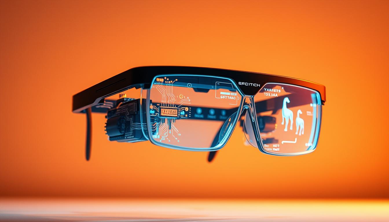 A high-tech display system embedded in a pair of sleek, stylish smart glasses. The lenses feature a transparent, futuristic heads-up display projecting vivid, holographic-like visuals. Intricate circuitry and miniature components are visible through the semi-transparent frame, showcasing the advanced engineering. Warm, directional lighting bathes the scene, creating depth and highlighting the technological details. The glasses appear to float effortlessly, suspended in a minimalist, dimly-lit environment, creating a sense of wonder and innovation.