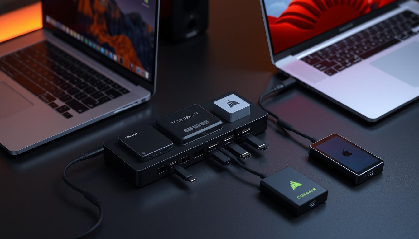 An image of CORSAIR TBT200 Thunderbolt 4 Dock with a laptop connected to multiple Thunderbolt 4 devices and additional peripherals