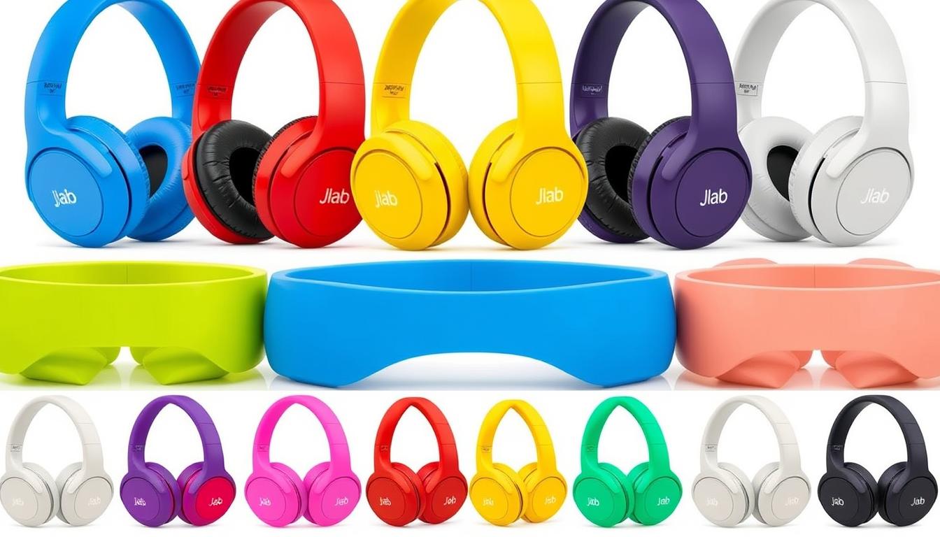 Generate an image of JLab JBuddies Studio Wireless headphones in various kid-friendly colors.