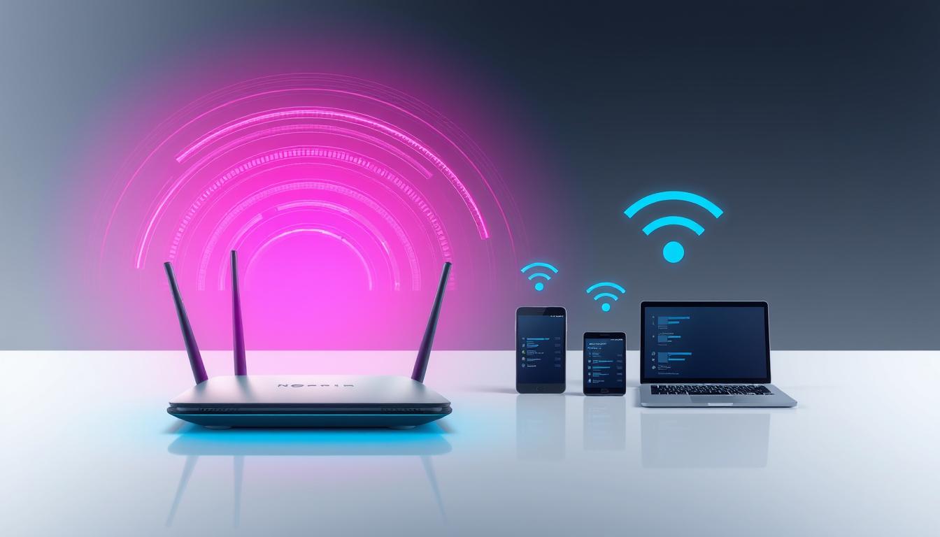 A detailed illustration of a Wi-Fi signal strength indicator, showcasing the various levels of connectivity. In the foreground, a sleek, modern wireless router emits vibrant waves of energy, pulsing with dynamic lines and gradients to depict the signal strength. The middle ground features several smart devices, such as a smartphone, tablet, and laptop, each displaying their respective Wi-Fi signal bars. The background is a minimalist, high-tech environment, with clean lines and a subtle gradient to set the tone. The lighting is soft and even, accentuating the elegant, technical nature of the scene. The overall mood is one of precision and clarity, allowing the viewer to easily understand the key components of Wi-Fi connectivity.