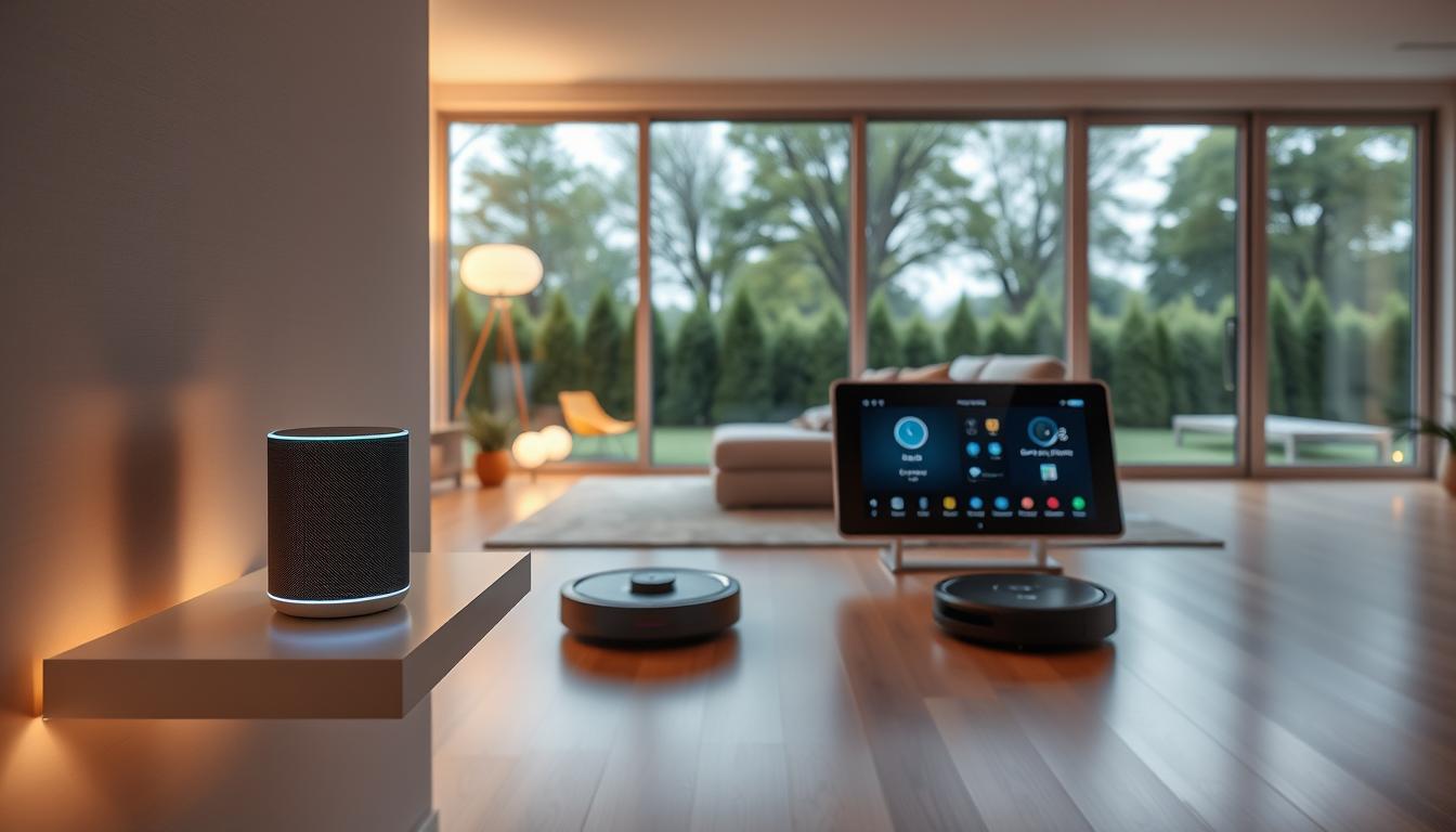 A modern, minimalist smart home setup with sleek, interconnected devices. In the foreground, a voice-controlled smart speaker sits on a floating shelf, its LED lights pulsing gently. Beside it, a touchscreen control panel displays a clean, intuitive interface for managing lighting, climate, and security. In the middle ground, smart light bulbs cast a warm, ambient glow, and a robotic vacuum cleaner silently glides across the hardwood floor. In the background, floor-to-ceiling windows offer a panoramic view of a lush, tree-lined backyard, with the faint glow of smart home sensors visible in the corners. The entire scene exudes a sense of effortless, high-tech living.