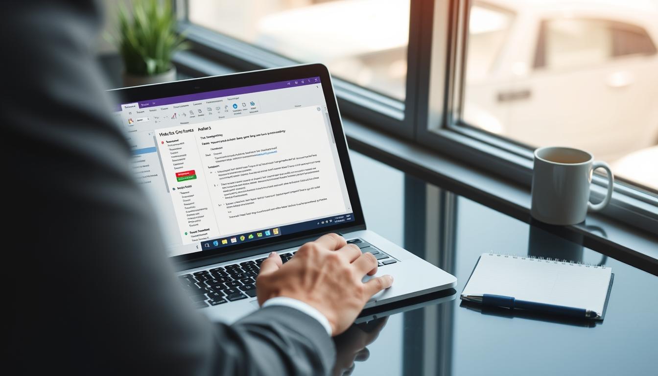 Create an image of a professional using OneNote on a laptop with a notepad and pen nearby.