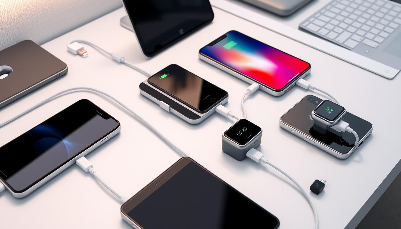 Generate an image of a multi-device charging station with various devices being charged.