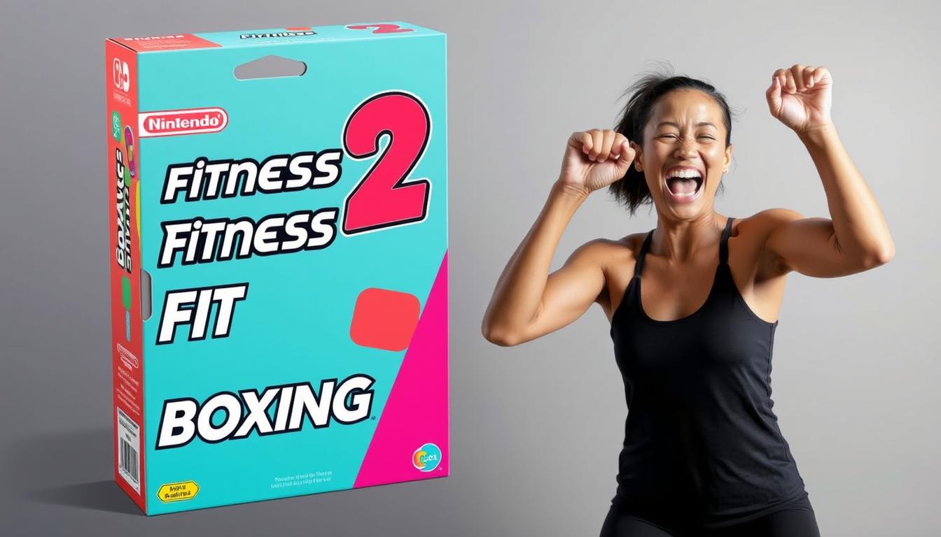 Generate an image of Nintendo Fitness Boxing 2 game packaging and a person enjoying the game.