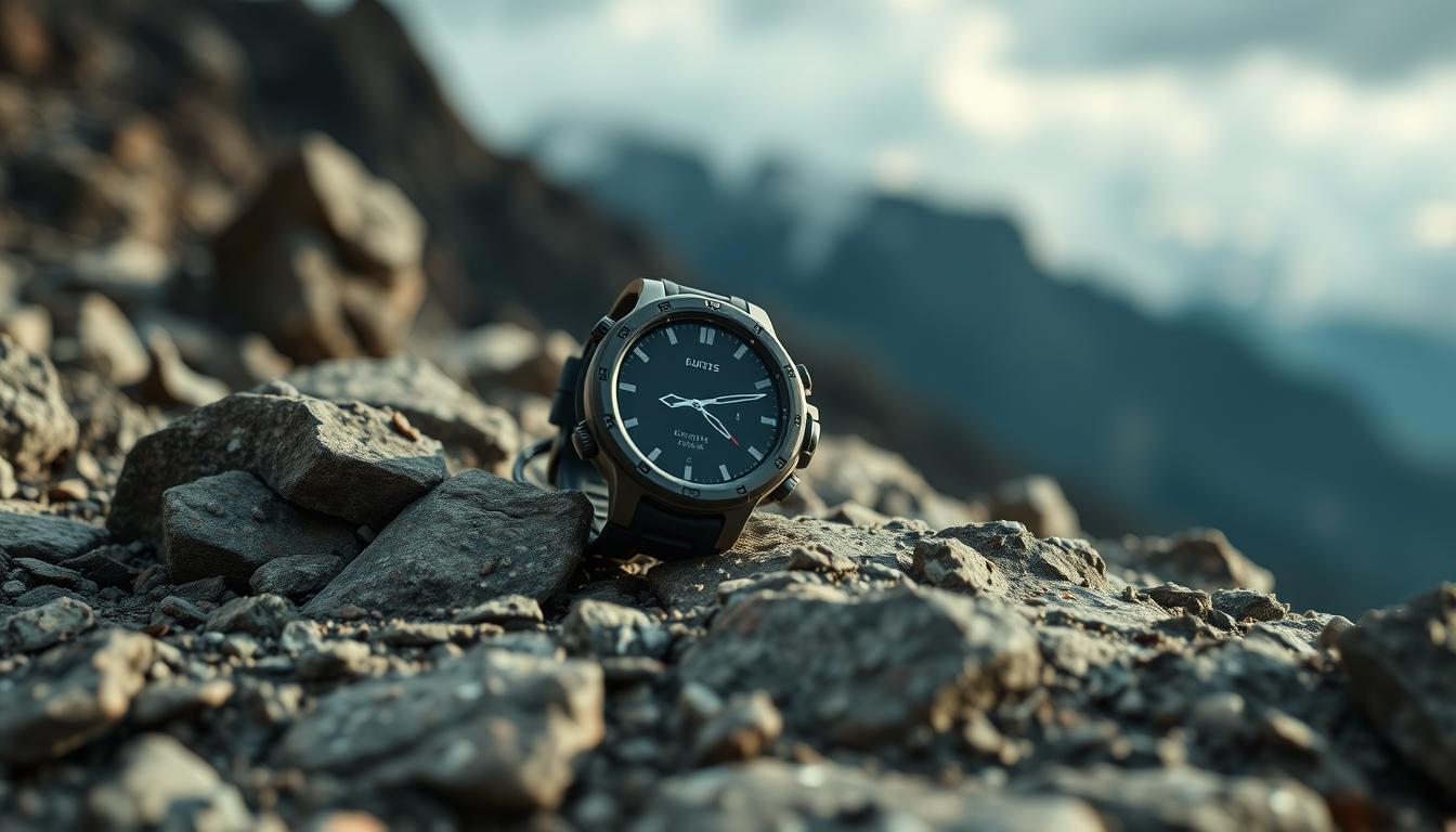 A rugged, waterproof smartwatch rests on a rocky, mountainous landscape. The watch's sleek, durable design is highlighted by soft, natural lighting, casting subtle shadows across its resilient casing. In the background, a cloudy, atmospheric sky suggests the unpredictable weather conditions of an outdoor adventure. The watch's display is prominently featured, showcasing its intuitive, touch-responsive interface, ready to guide the wearer through their active pursuits. The overall scene conveys a sense of reliability, capability, and the ability to thrive in challenging environments.