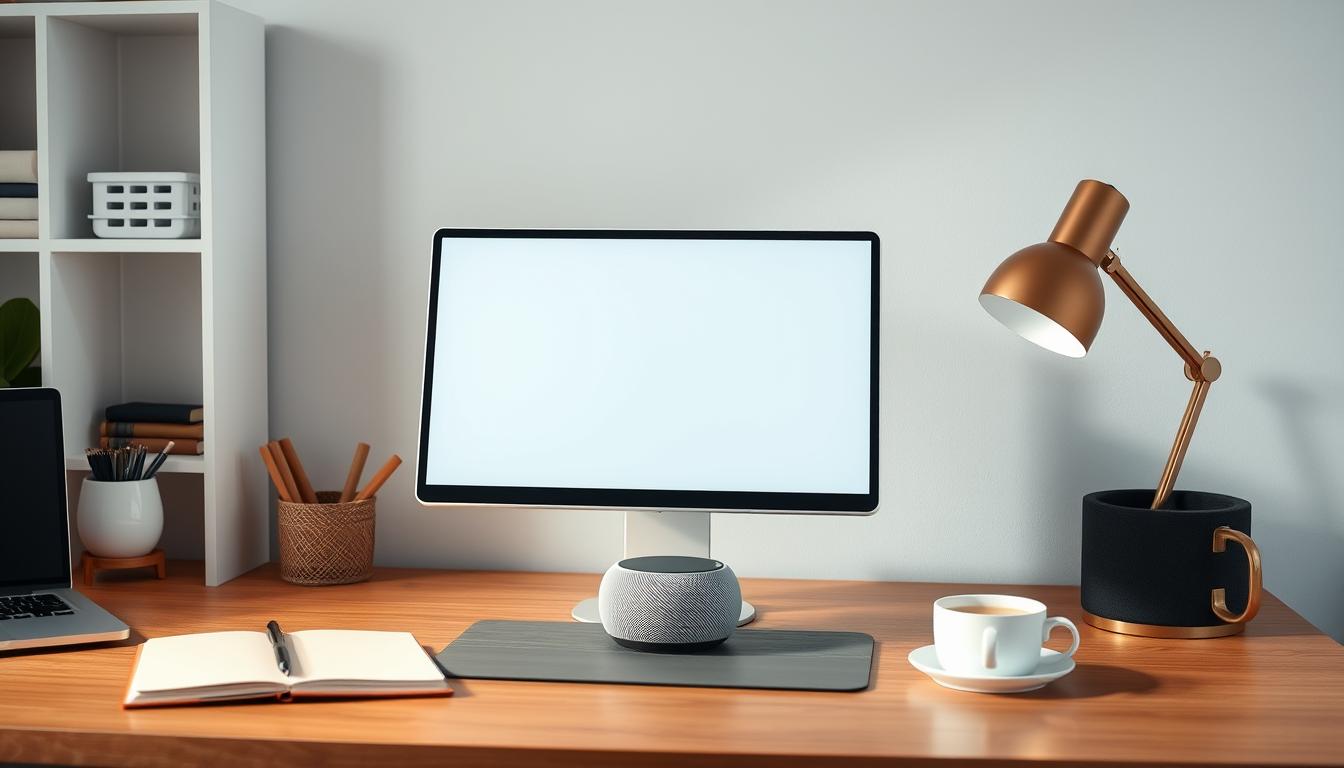 Generate an image of Google Nest Hub Smart Display on a home office desk