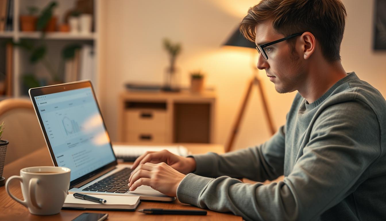 Generate an image of a person using a time-tracking app on their laptop.