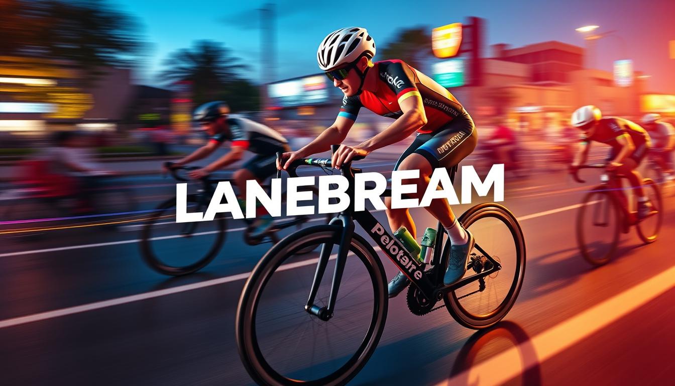 Generate an image of a Peloton bike with a rider engaged in the Lanebreak game.