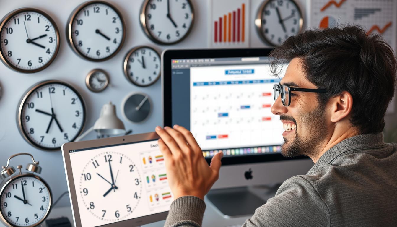 Generate an image of a person looking at a calendar on their computer with a satisfied expression, surrounded by clocks and productivity charts.