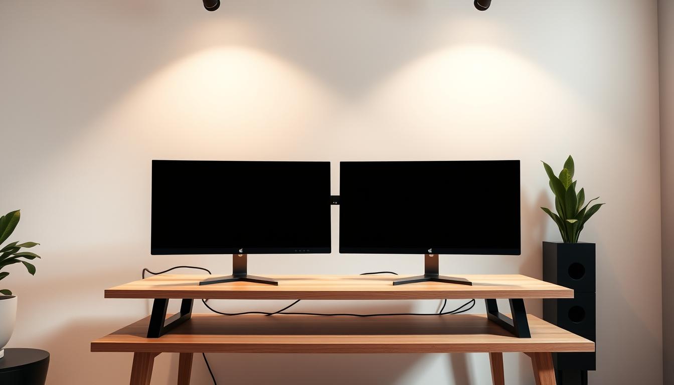 A well-lit, contemporary home office with a sleek dual monitor setup on a sturdy wooden desk. The two high-resolution displays are positioned side-by-side, their edges seamlessly aligned, creating an expansive, immersive workspace. Indirect lighting from overhead fixtures casts a warm, focused glow, illuminating the clean, minimalist design. The monitors' crisp, high-contrast visuals are complemented by the desk's smooth, light-toned surface and the room's neutral color palette. The scene exudes a sense of productivity and focus, perfectly suited for an efficient remote work environment.