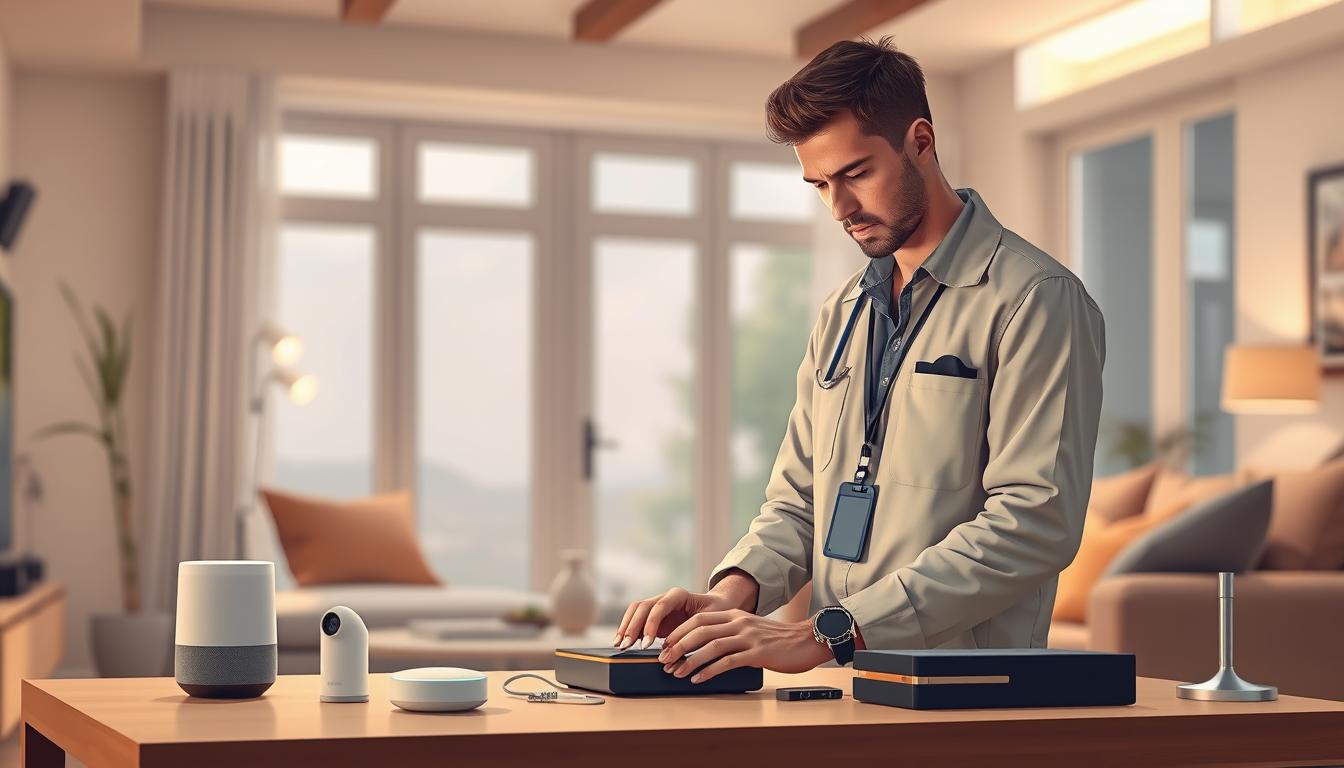 a highly detailed digital illustration of a smart home service provider, depicted as a professional technician in a clean, well-lit home interior. The technician is standing in a modern living room, focused on diagnosing and repairing a smart home device on a table, with various smart home components like a voice assistant, security camera, and smart lighting visible in the background. The lighting is warm and subtle, with hints of natural light filtering in through large windows. The overall mood is one of competence, professionalism, and a willingness to provide expert assistance to resolve smart home issues.