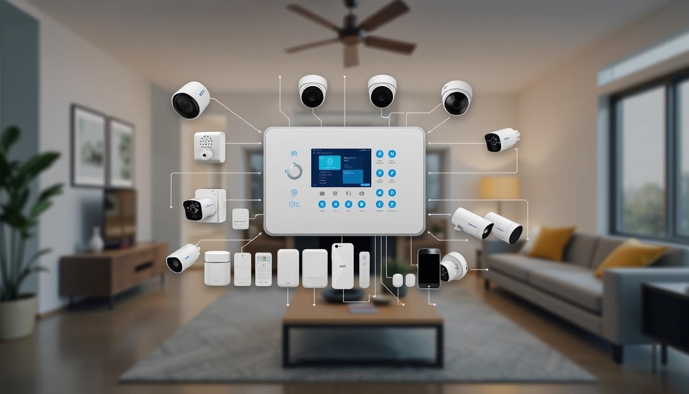 Generate an image of the ADT Smart Security System control panel with various sensors and cameras connected.