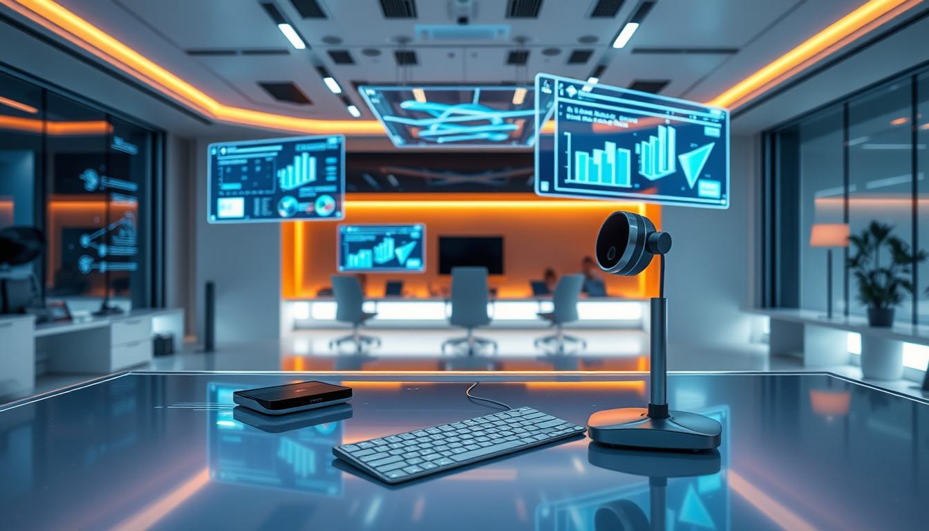 A futuristic office workspace with sleek holographic displays, gesture-controlled interfaces, and advanced teleconferencing systems. The foreground features a stylish desk with a transparent touchscreen, a lightweight wireless keyboard, and a levitating webcam. The middle ground showcases a trio of floating screens projecting real-time data visualizations and 3D virtual models. In the background, the room is bathed in a warm, ambient glow from hidden lighting panels, creating a serene and productive atmosphere. The overall scene conveys the seamless integration of cutting-edge technology that empowers remote collaboration and enhances the modern remote work experience.