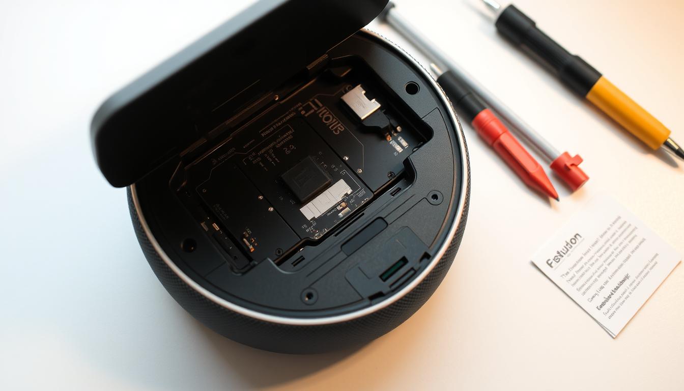 A well-lit, close-up view of a smart home device, such as a voice assistant or smart speaker, with its rear panel open, revealing the internal hardware components. The device is placed on a clean, neutral-colored surface, allowing the focus to be on the troubleshooting process. Carefully arranged around the device are various tools, such as a screwdriver, multimeter, and a small instruction manual, suggesting a methodical approach to resolving the issue. The lighting is soft and diffused, creating a calm, professional atmosphere, while the overall composition emphasizes the technical nature of the task at hand.