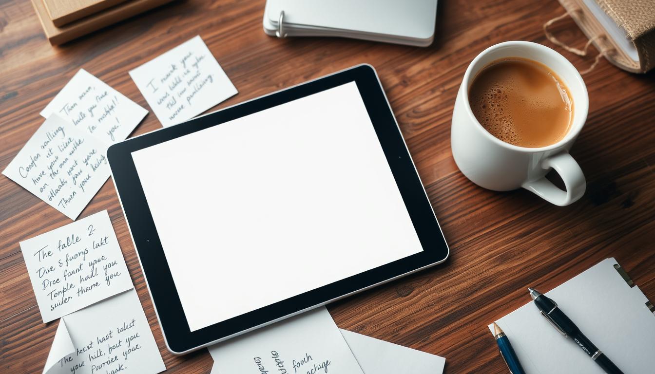 Generate an image of the Remarkable 2 Paper Tablet on a wooden desk, with a cup of coffee and a few scribbled notes nearby.