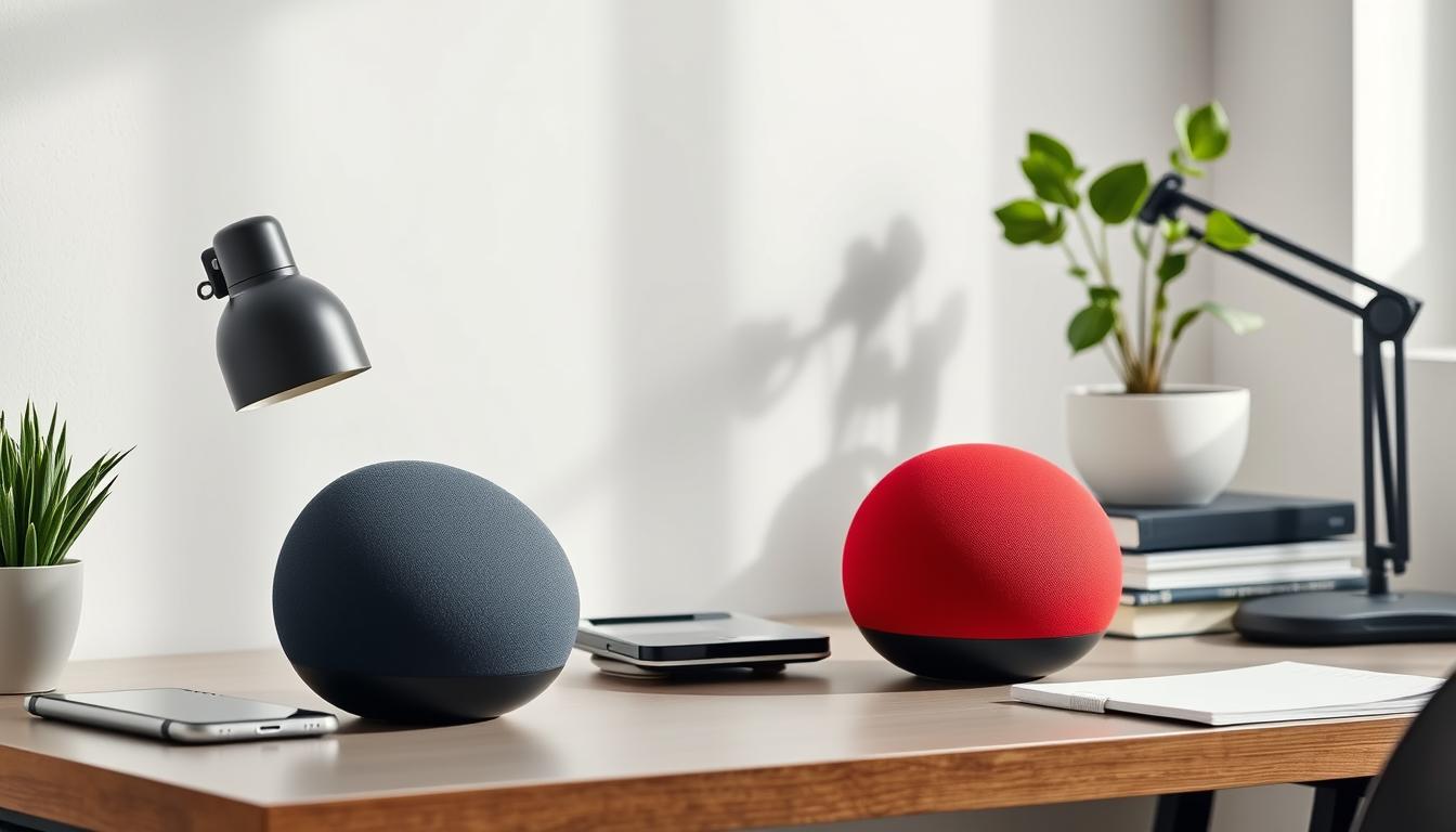 Generate an image of Creative Pebble Speakers on a compact home office desk.