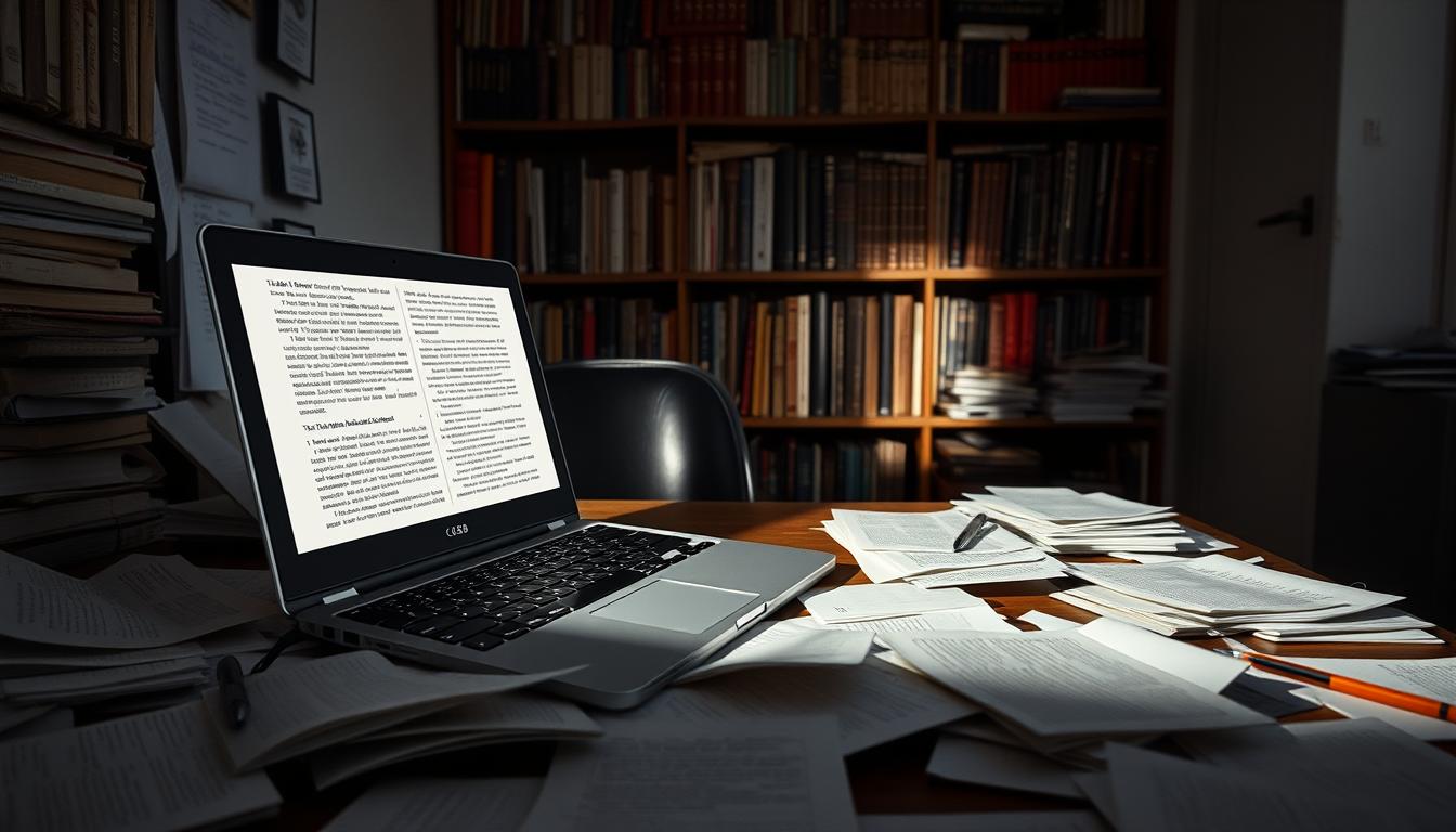 A cramped desk littered with scattered papers, a lone laptop in the foreground, its screen flickering with dense text. In the background, a wall of bookshelves overflowing with volumes, casting shadows over the disorganized workspace. The lighting is harsh, creating sharp contrasts that emphasize the limited physical space and the cognitive burden of traditional note-taking. A sense of confinement and information overload pervades the scene, hinting at the need for a more spatially aware, visually-oriented approach to capturing and synthesizing knowledge.