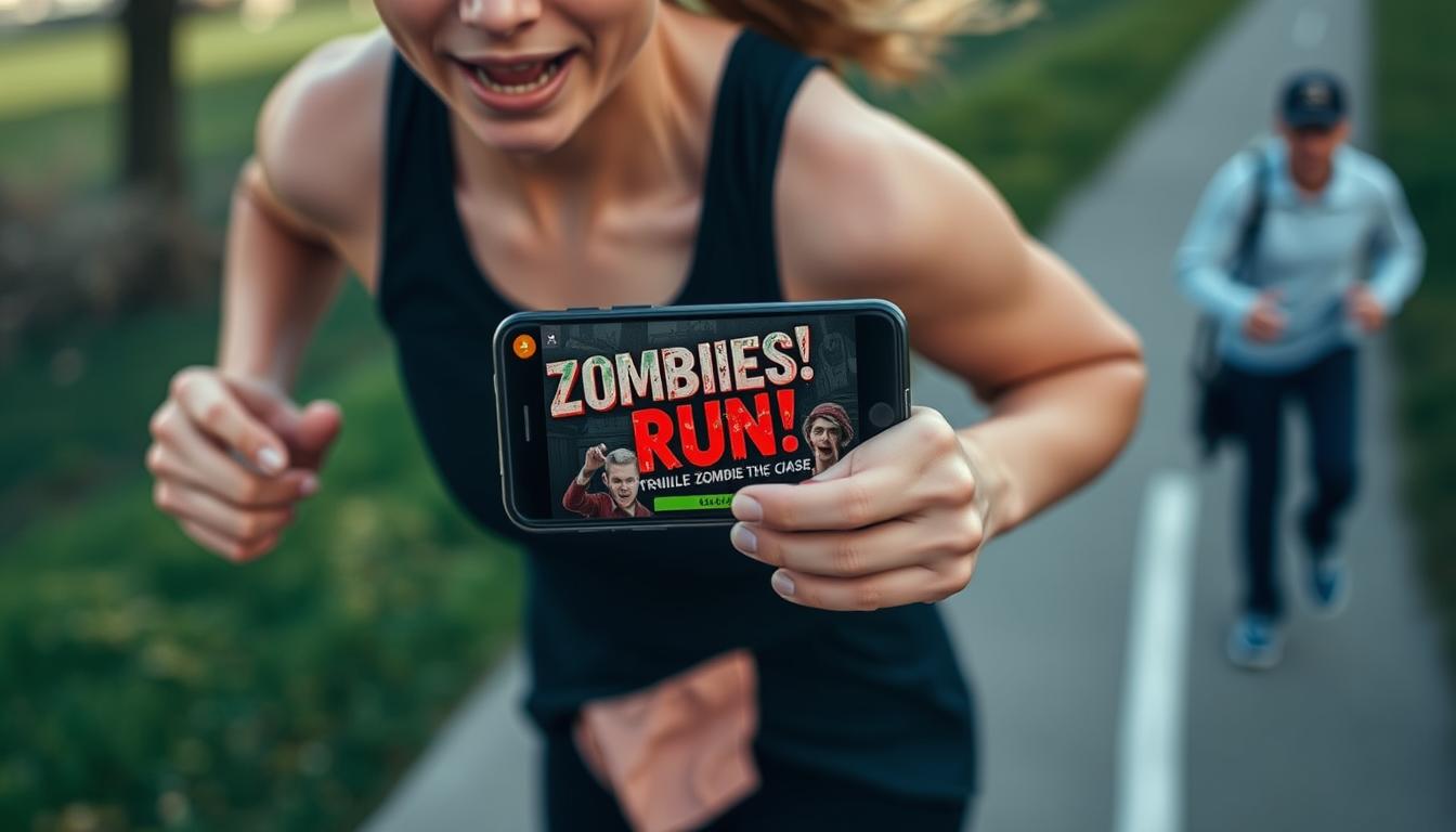 Image of a person running with a smartphone displaying Zombies, Run!