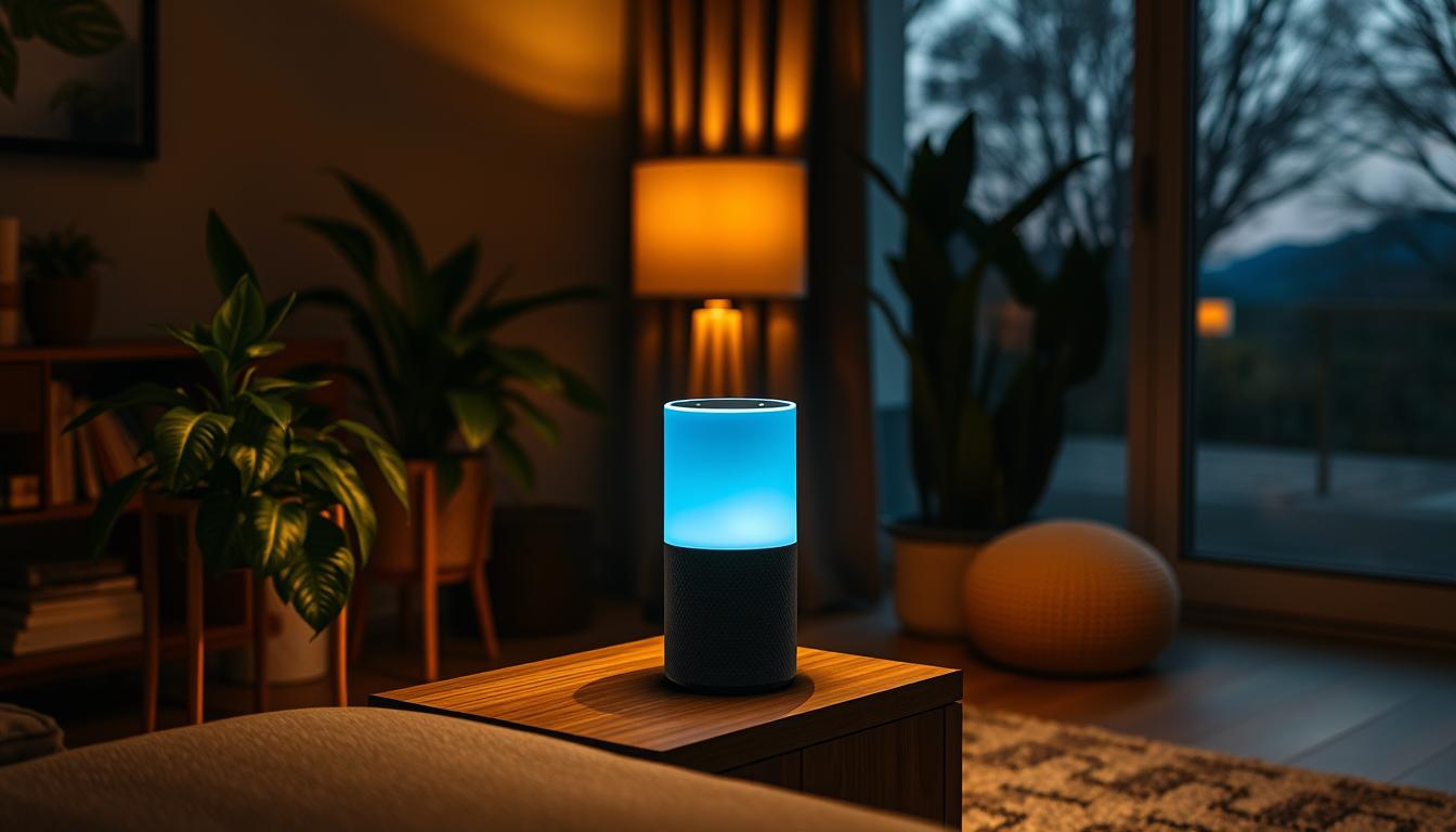 A sleek, modern Alexa device casting a soft, ambient glow in a cozy, dimly-lit living room. The device is placed prominently on a minimalist wooden side table, surrounded by lush house plants and a stylish table lamp. The room features warm, earthy tones, with a plush rug underfoot and a large window offering a glimpse of the tranquil outdoor scenery beyond. The scene conveys a sense of seamless home integration, where the Alexa device blends effortlessly into the refined, comfortable decor, ready to assist in automating and enhancing the home environment.