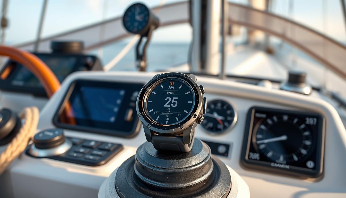 Generate an image of the Garmin Quatix 7 Pro smartwatch on a sailboat dashboard with marine electronics in the background.