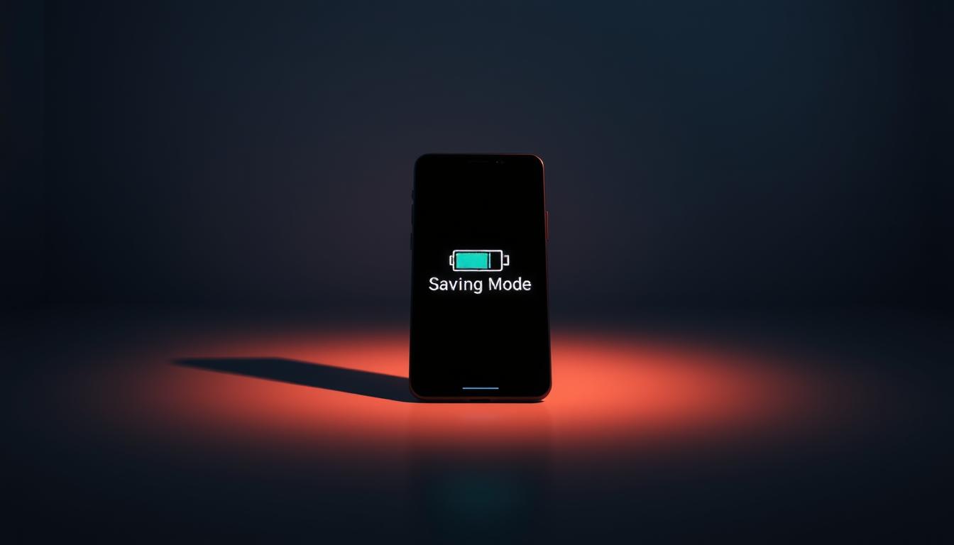 A smartphone display in a dimly lit room, the screen showing a battery icon with the text &quot;Power Saving Mode&quot; in a minimalist, high-contrast interface. The room is bathed in a soft, warm glow, with shadows casting a sense of calm and efficiency. The device is positioned centrally, with a clean, uncluttered background that emphasizes the focus on power management. The lighting is subtle, with careful use of highlights and shadows to create depth and a sense of purpose. The angle is slightly elevated, giving a sense of control and mastery over the device's energy consumption.