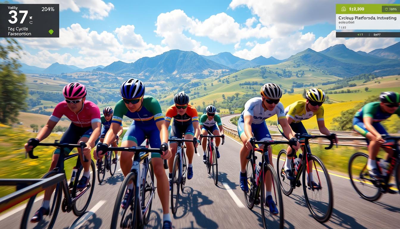 Image of cyclists competing in a virtual race on Zwift
