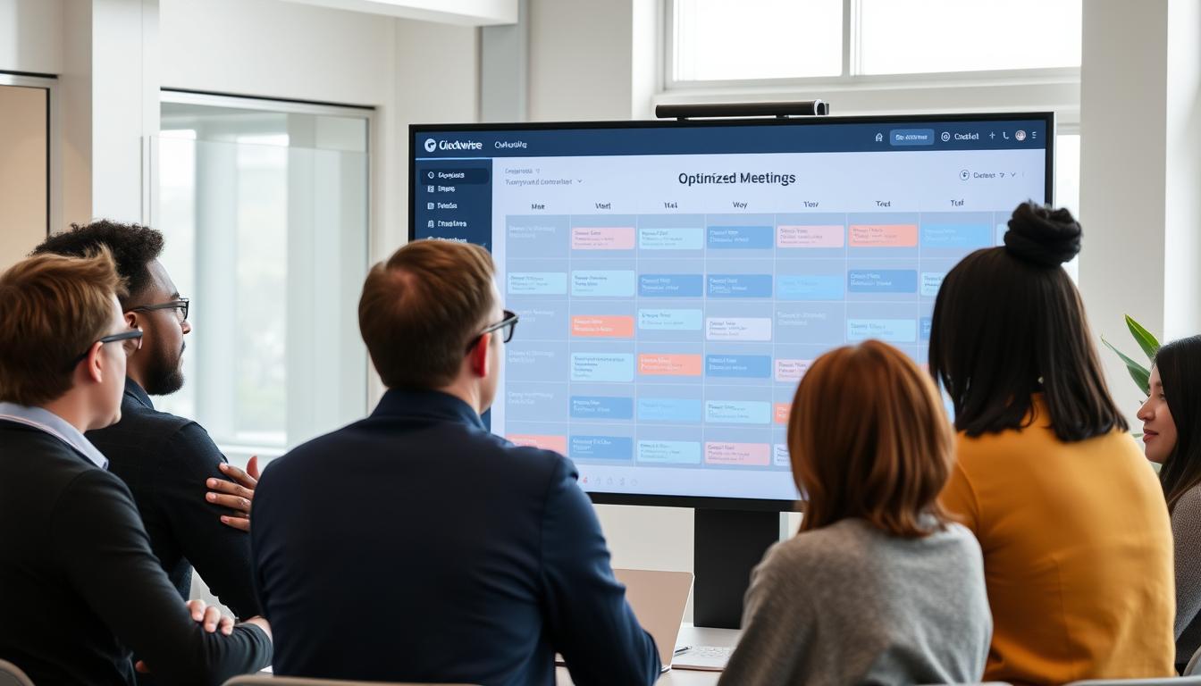 Generate an image of a team collaborating around a large calendar, with Clockwise interface on a screen showing optimized meeting schedules.