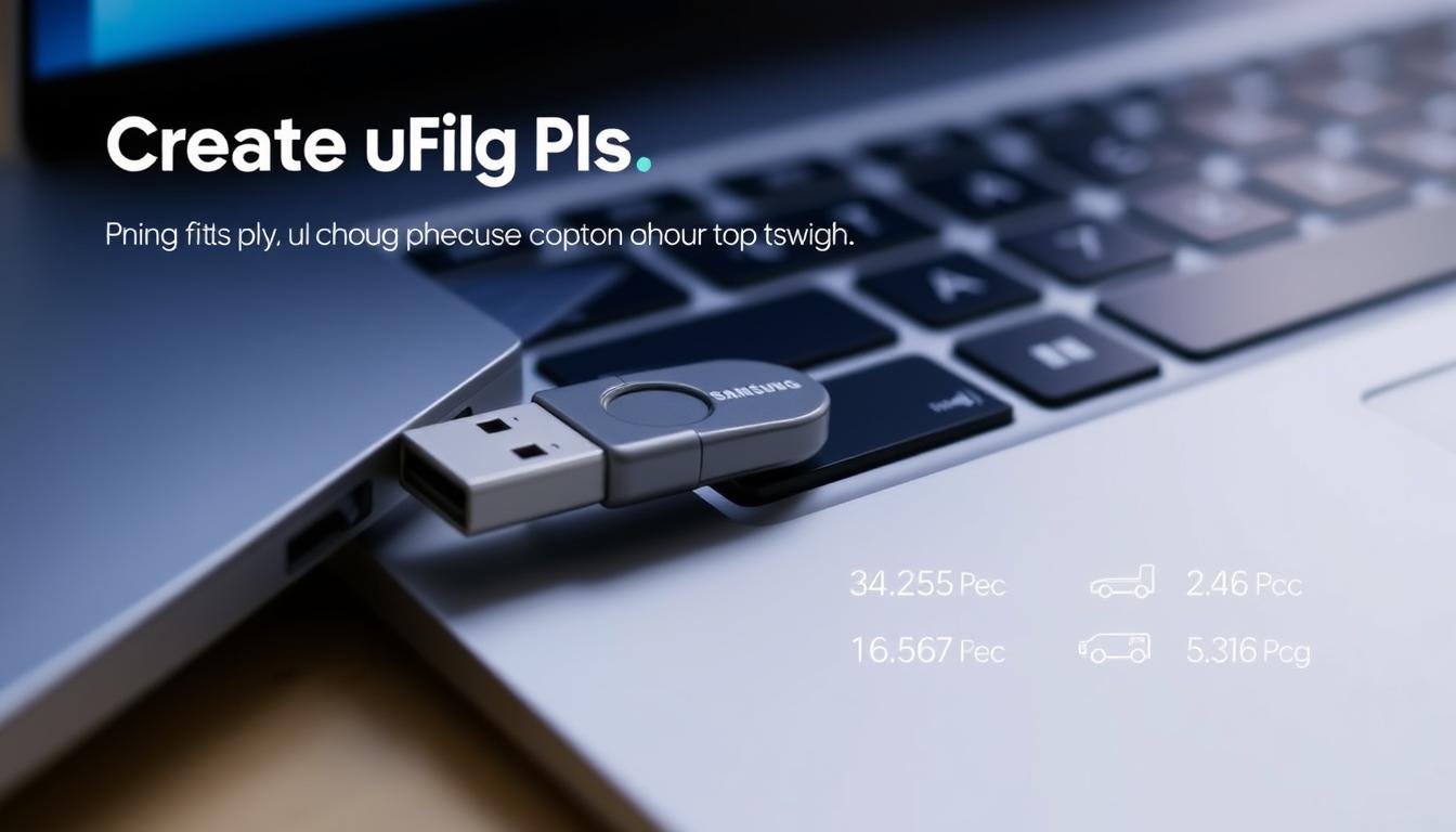 Generate an image of the Samsung Fit Plus USB Flash Drive attached to a laptop, showcasing its tiny size and various capacity <strong>options</strong>.
