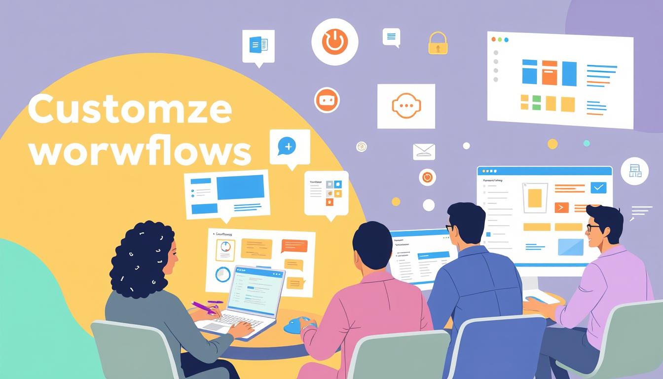Generate an image of a team customizing their workflows in ClickUp.