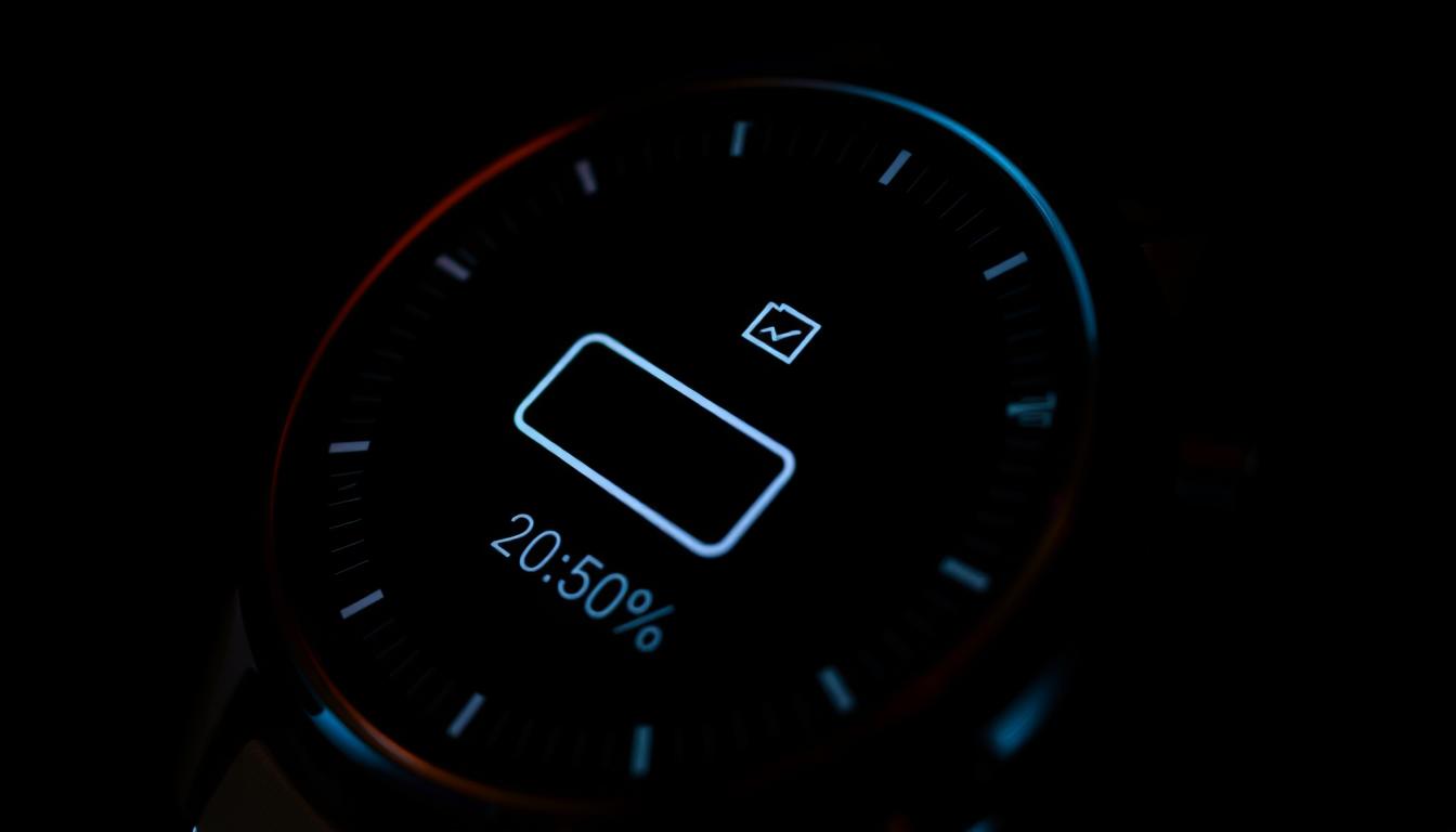 A high-contrast close-up shot of a smartwatch screen displaying the battery life indicator in a prominent position. The watch face is rendered with meticulous detail, capturing the subtle textures and reflections of the smartwatch's materials. The battery icon and percentage readout appear clear and legible, conveying the device's current power status. The background is dimly lit, placing the focal point squarely on the smartwatch's display, creating a sense of focus and emphasis on the critical battery information. The overall mood is one of technical precision and functionality, reflecting the practical nature of troubleshooting battery-related smartwatch issues.