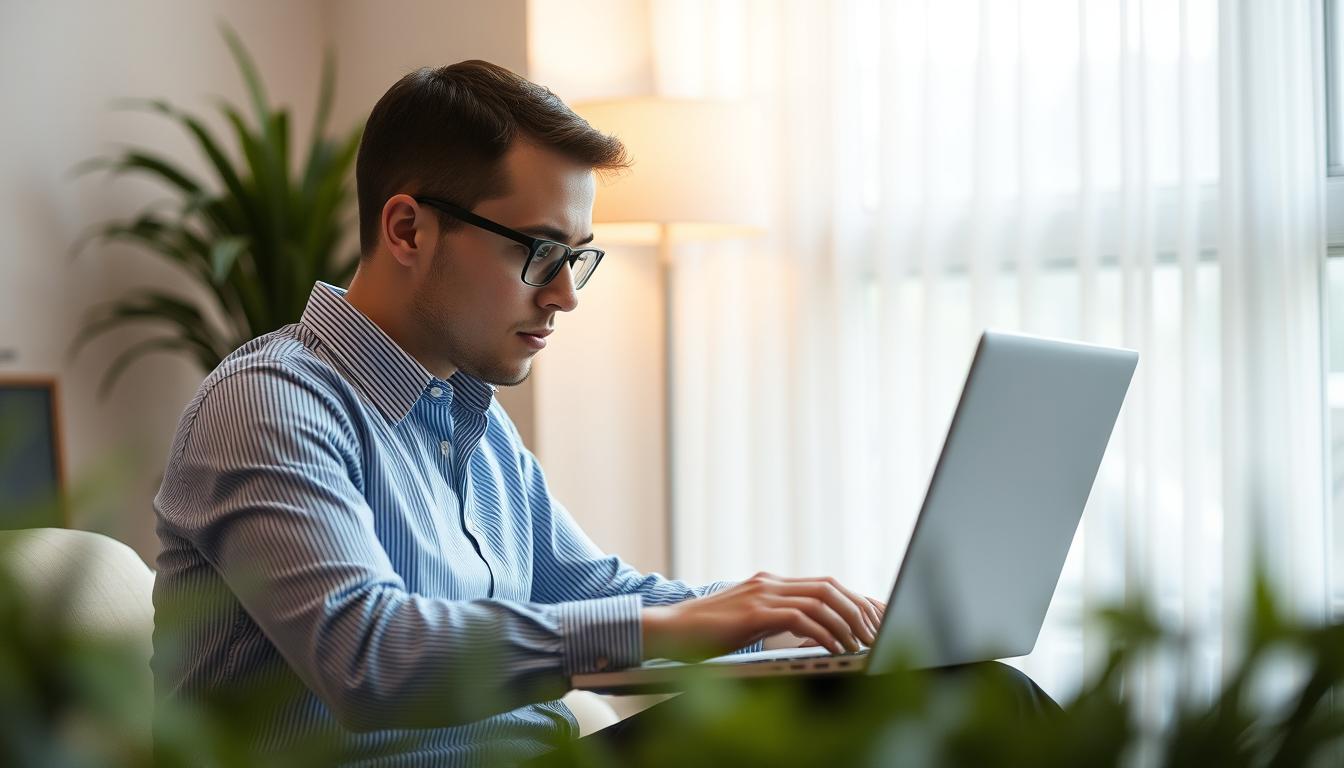 Generate an image of a professional working on a laptop with a calm background, symbolizing focus and productivity.