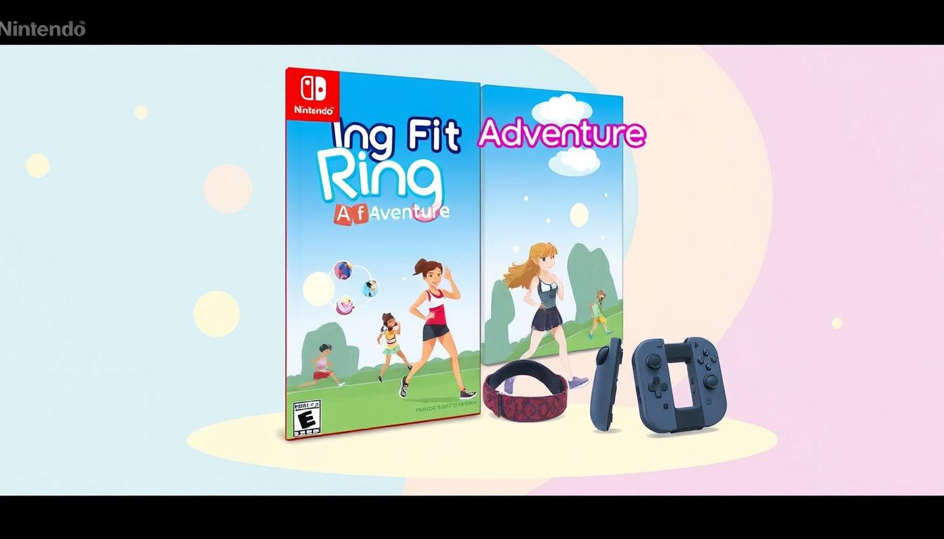 Generate an image of Nintendo Ring Fit Adventure game packaging and accessories.