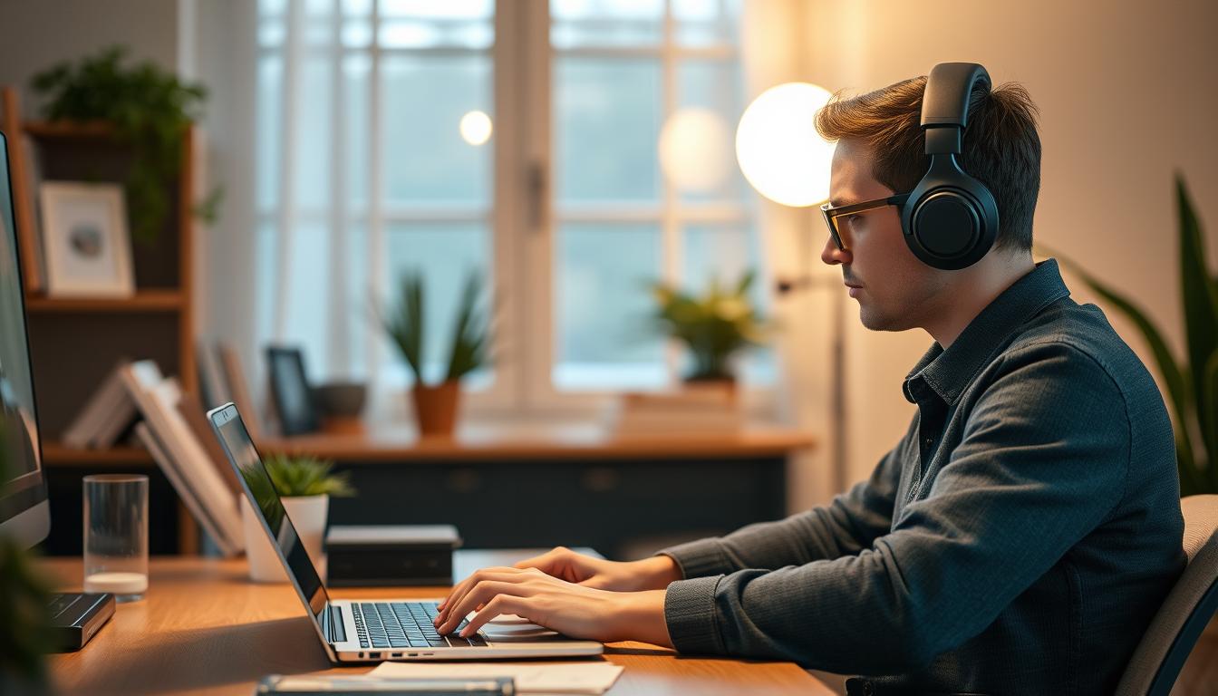 Generate an image of a person wearing noise-cancelling headphones while working on a laptop in a home office.