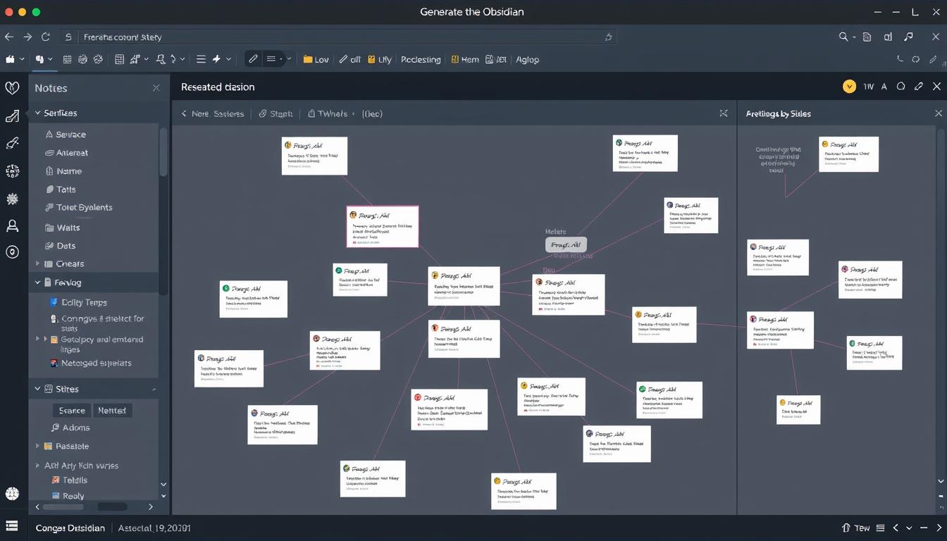 Generate an image of Obsidian's interface showing a canvas with interconnected notes and diagrams.