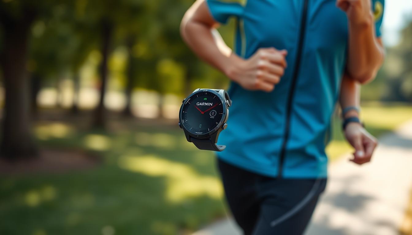 Generate an image of the Garmin Forerunner965 smartwatch on a wrist during a run.