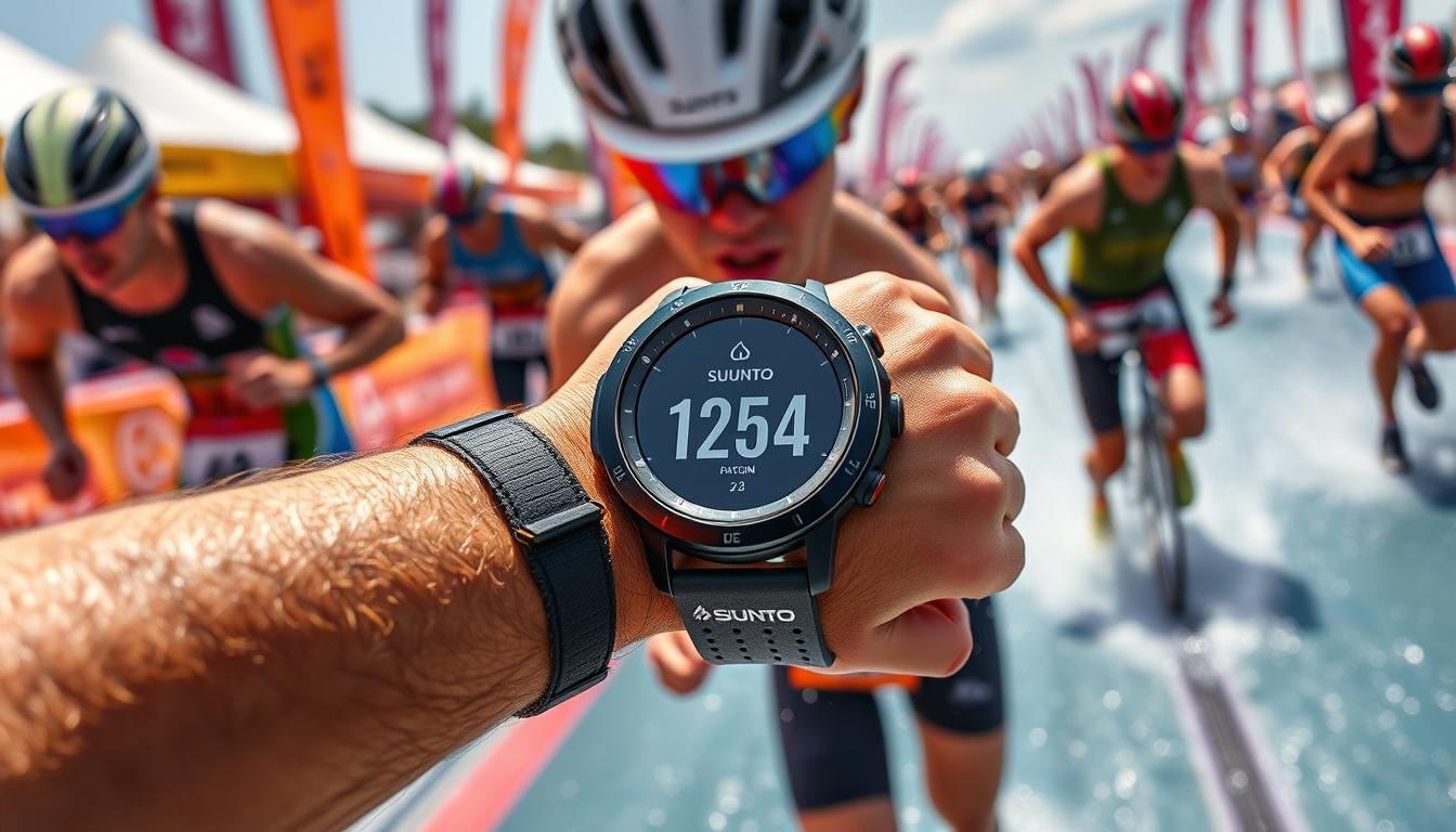 Generate an image of the Suunto Race smartwatch being used during a triathlon event.