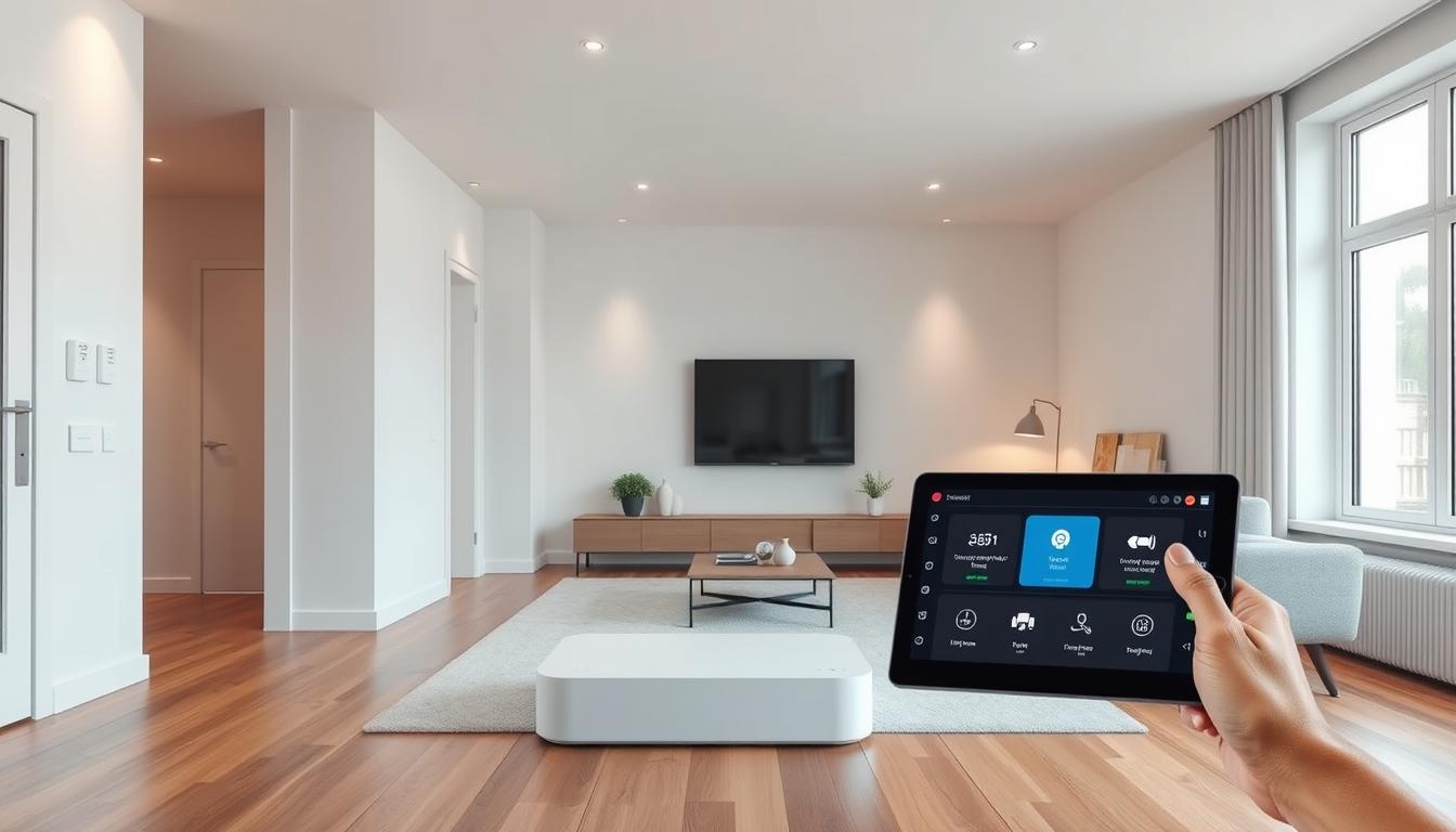Sleek and modern smart home security system in a minimalist living room. Pristine white walls, wooden floors, and large windows. A central smart hub with various sensors and cameras seamlessly integrated into the decor. Discreet motion detectors, door/window sensors, and high-definition security cameras positioned strategically. Warm, ambient lighting highlights the clean, sophisticated design. A tablet or smartphone displays the security interface, showcasing real-time monitoring and advanced AI-powered alerts. An atmosphere of comfort, efficiency, and complete control over the home's protection.