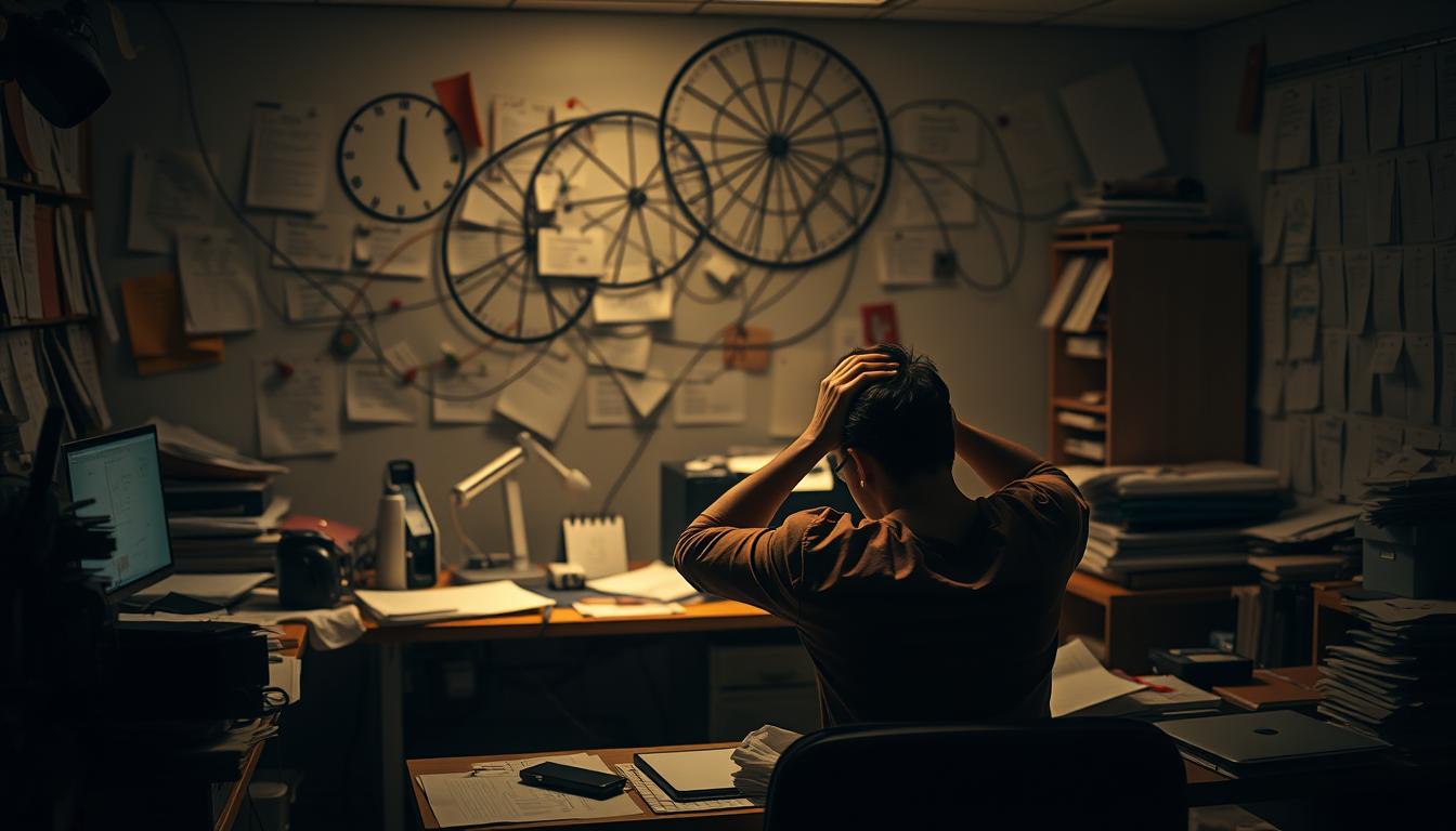 A dimly lit office space, cluttered with papers, devices, and half-finished tasks. In the foreground, a frustrated person sits at their desk, hands on their head, surrounded by a swirl of visual distractions and the faint glow of a computer screen. The middle ground features a tangled web of to-do lists, calendars, and reminders, while the background is obscured by a hazy, overwhelming sense of unstructured time. Soft, warm lighting casts shadows, emphasizing the feeling of being overwhelmed by the challenges of modern-day planning.